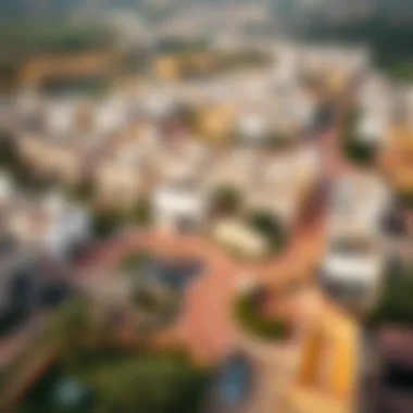 Aerial view of a vibrant community featuring two-bedroom townhouses