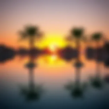Stunning sunset view over the lagoons with palm trees and reflections