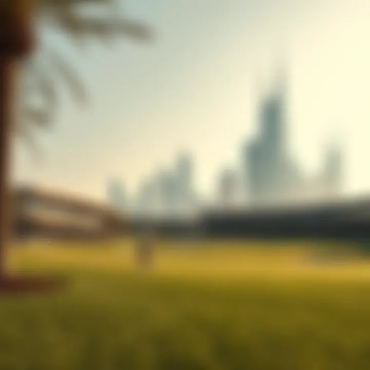 Golfers enjoying a sunny day at Dubai South Golf Course surrounded by modern skyline