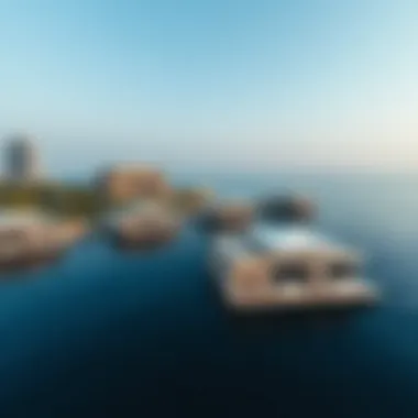 Aerial view of floating villas in a serene water setting