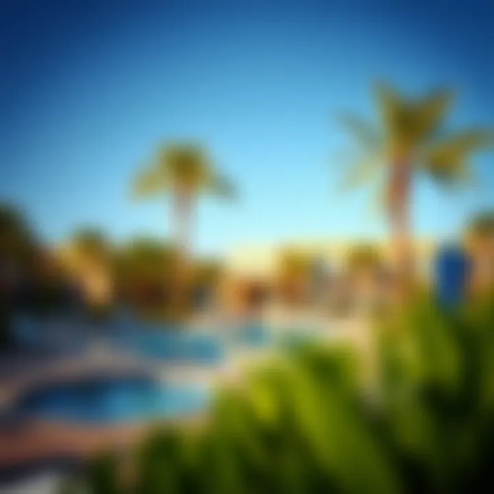 Inviting community pool area surrounded by palm trees and modern amenities