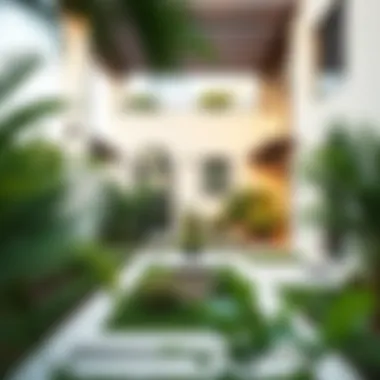 A serene backyard space of a Sidra villa with lush landscaping