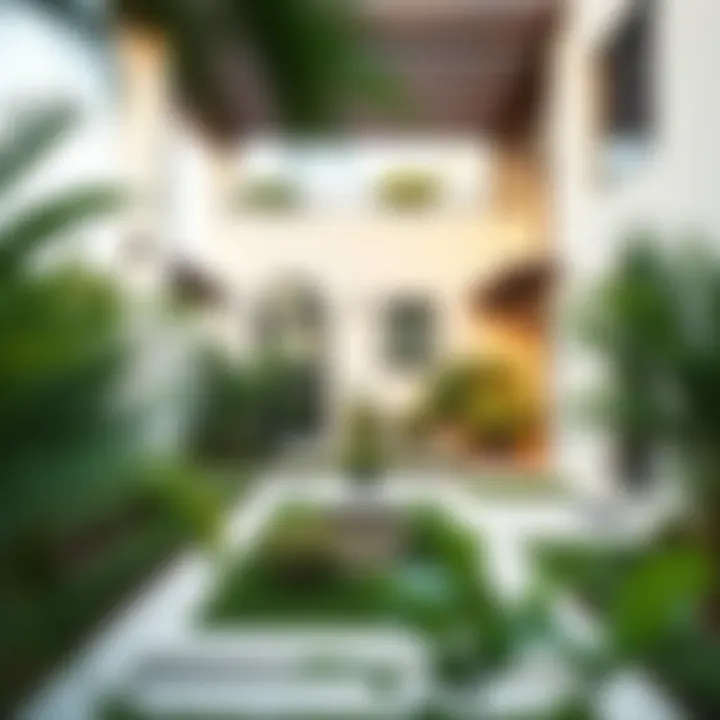 A serene backyard space of a Sidra villa with lush landscaping