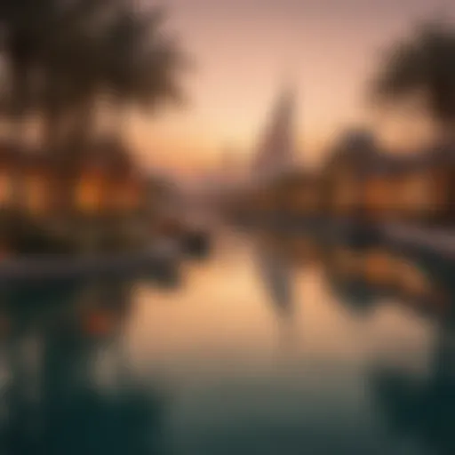 Serene view of a Dubai lagoon at sunset, reflecting the vibrant skyline.