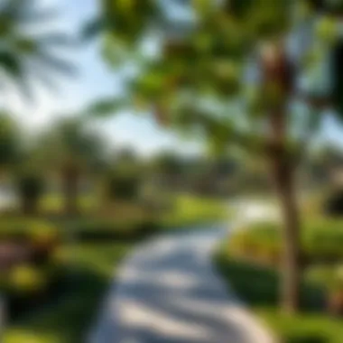 A beautifully landscaped park within Damac Hills 1, featuring lush greenery and walking paths.