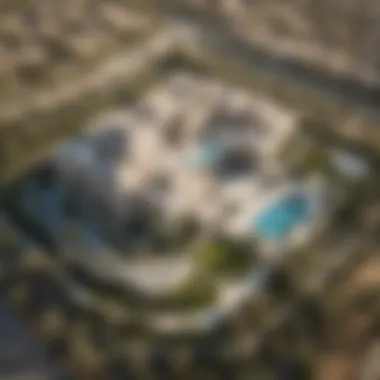 Aerial view of the villa highlighting its expansive grounds and unique architecture