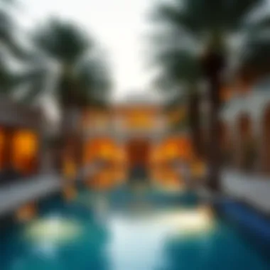 Luxurious swimming pool surrounded by palm trees in a Dubai villa