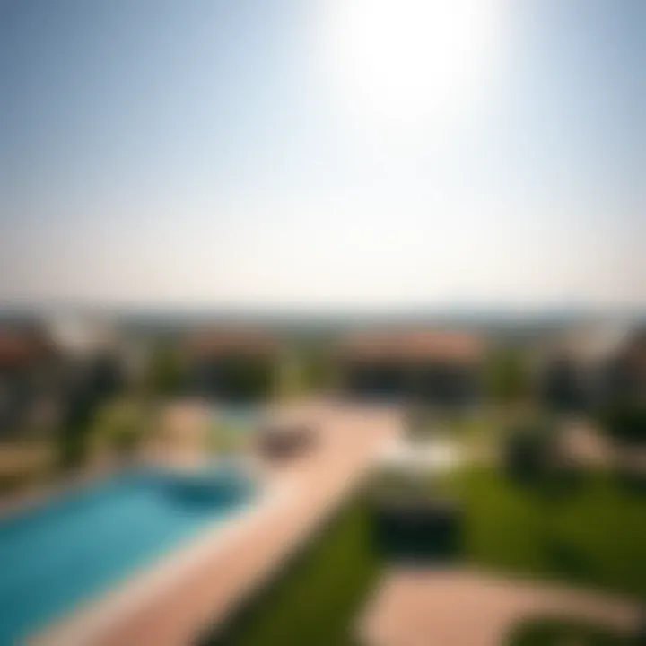 Panoramic view of a Dubai villa community with lush landscapes and amenities