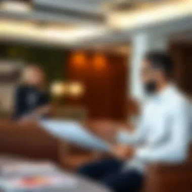 Agent and client reviewing property documents in a stylish office