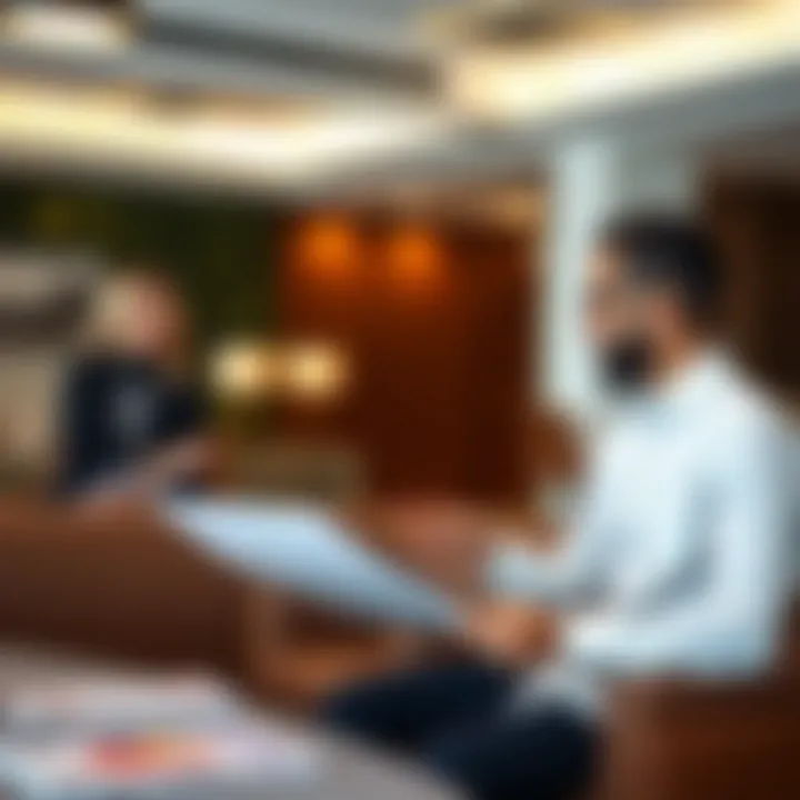 Agent and client reviewing property documents in a stylish office