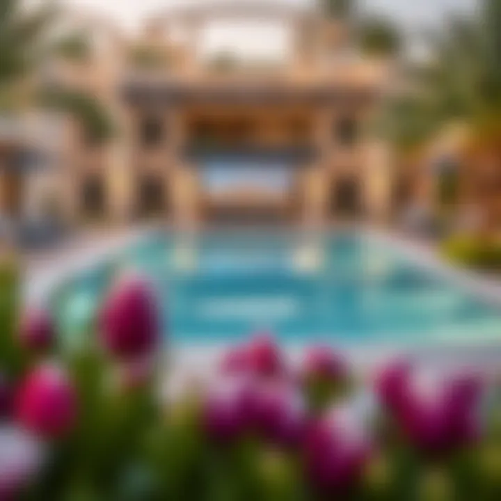 Luxurious community amenities including a swimming pool and landscaped gardens