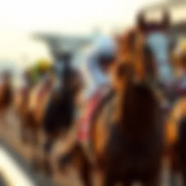Close-up of horses racing at Meydan Racecourse
