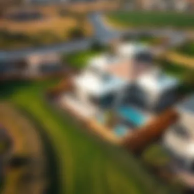 Aerial view of residential properties near meadows