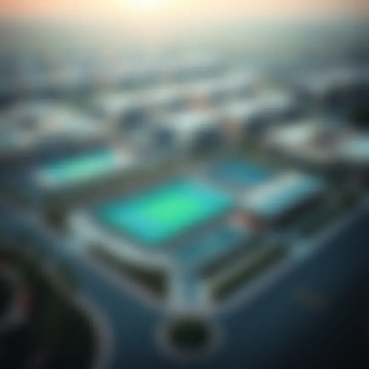 Aerial view of sports facilities near villas in Dubai Sports City