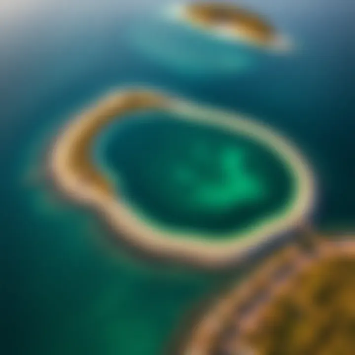 An aerial view of a lagoon showcasing its unique shape and surrounding landscape.