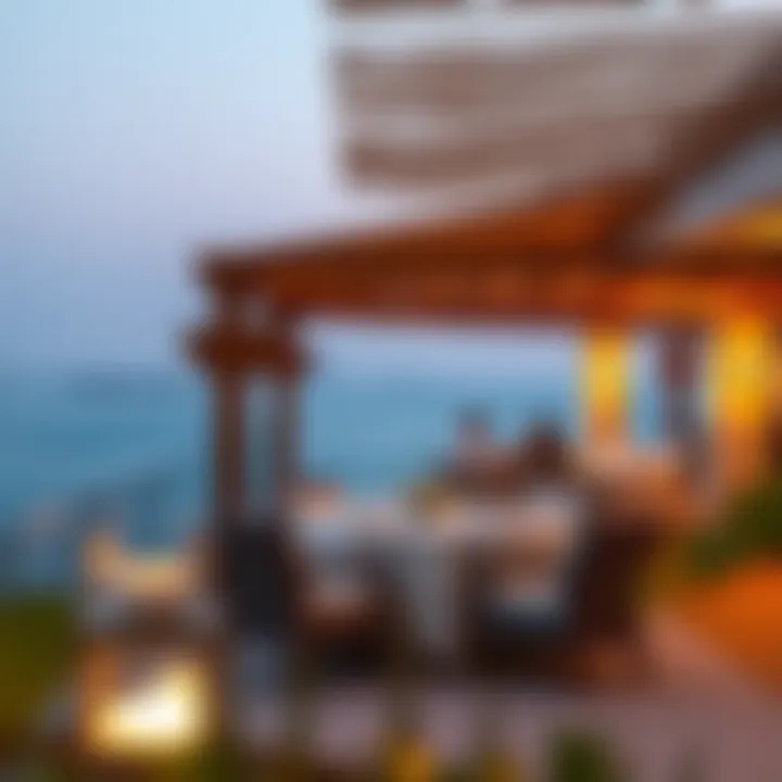 Elegant outdoor dining setting on Zuha Island with scenic views